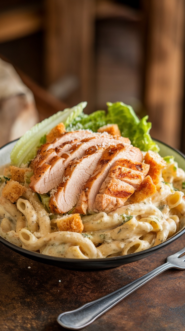 Creamy Chicken Caesar Pasta Recipe Creamy chicken Caesar pasta with grilled chicken, romaine lettuce, and parmesan in a bowl, garnished with croutons.